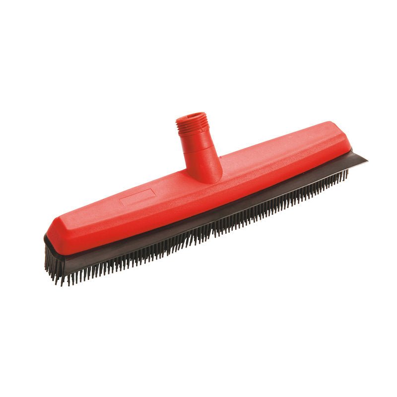 Hlava metly Haug Bürsten KG GUMMINOPPENBES. (335x60x35mm) je vyrobená z mäkkej gumy s jemnými červenými a čiernymi štetinami a je zobrazená bez násady. Má závitový otvor pre jednoduché upevnenie a zabezpečuje efektívne čistenie podlahy.