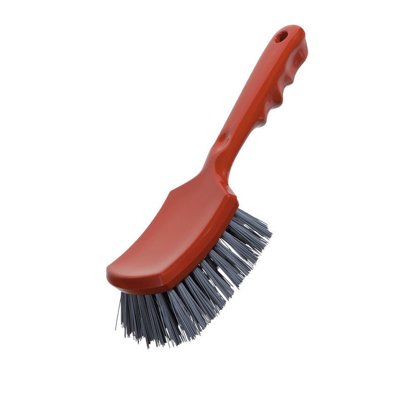 Sivá rukoväť Haug Bürsten KG METAL DETECT STIELBÜRSTE, PBT 0,60mm tvrdé štetiny, 260x72x35mm, zobrazená na bielom pozadí. Vybavená drážkami na prsty a otvorom na zavesenie; ideálna pre priemyselné aplikácie na detekciu kovov.