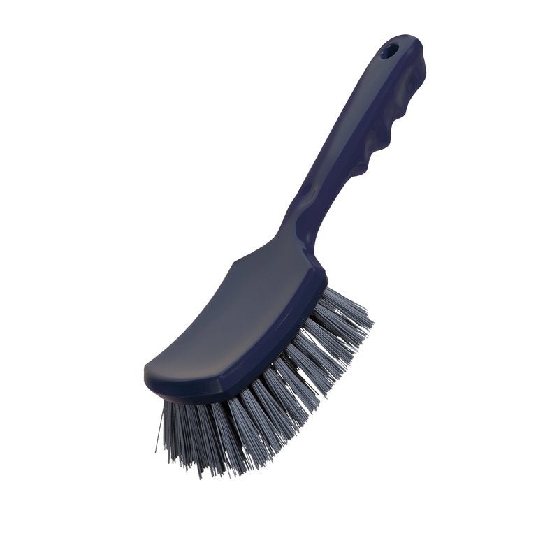 METDEC PREM. STIELBÜRSTE od Haug Bürsten KG má tmavomodrú, zakrivenú rukoväť s otvorom na zavesenie a tuhé sivé PBT štetiny s rozmermi 260x72x35mm, znázornené izolovane na bielom pozadí.