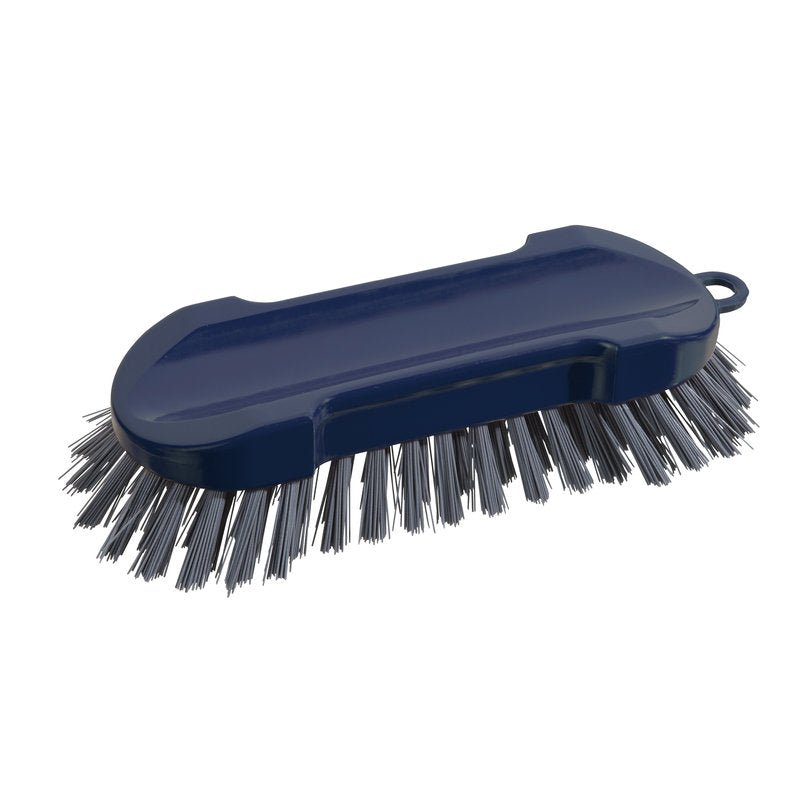 EINE METDEC PREM. WASCHBÜRSTE RUND od Haug Bürsten KG z tuhých, husto zabalených PBT štetín v sivej a modrej farbe s plastovou rukoväťou (205x65x30mm) je odfotografovaná na bielom pozadí.