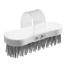 KG Hackstockbürste Haug Bürsten, plochý drôt, hrúbka 3,3x0,6 mm, tvrdý 185x75x37, biela oválna kefa na drhnutie s priehľadnou rukoväťou a tuhými kovovými štetinami na spracovanie dreva, je zobrazená na jednoduchom pozadí.