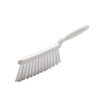 Der HANDBESEN,PBT TRANSPARENT ø 0,25MM WEICH, 280X15X50 MM von Haug Bürsten KG verfügt über einen Kunststoffgriff und abgewinkelte PBT-Borsten für eine schonende Reinigung, isoliert auf weißem Hintergrund dargestellt.