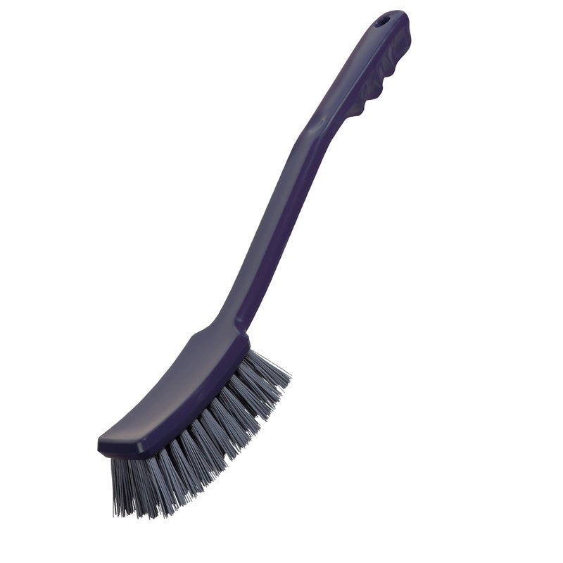 METDEC PREM. STIELBÜRSTE od Haug Bürsten KG má sivomodré PBT štetiny, dlhú rukoväť s rozmermi 400x48x35 mm s ohnutou, štruktúrovanou rukoväťou pre efektívne čistenie, zobrazenú na bielom pozadí.