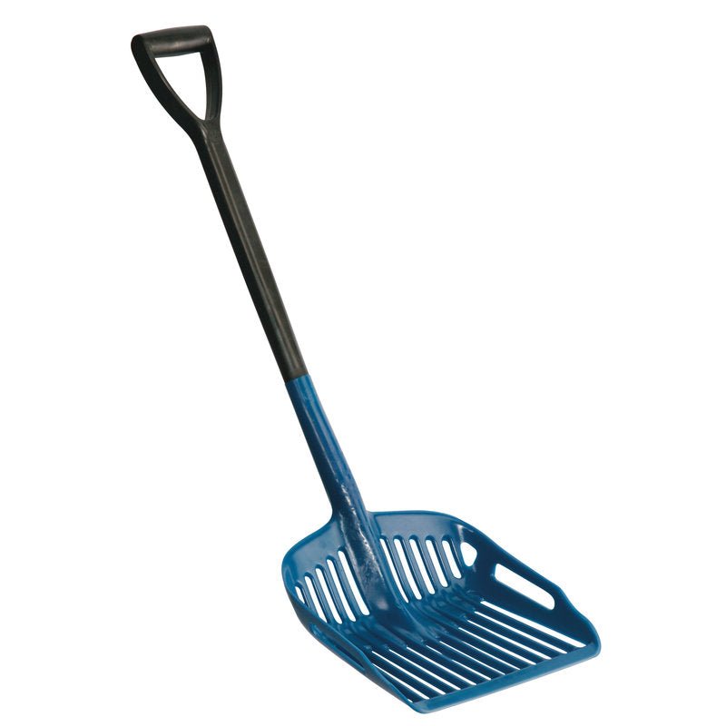 MEHRÚČELOVÁ A NABERAČKA 322x322x952 mm od Haug Bürsten KG je modro-čierny plastový nástroj s drážkovanou lopatkou a rukoväťou v tvare D, ideálny na zdvíhanie a preosievanie materiálov v kuchyni.