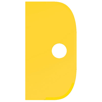 Der SCHABER GROß von Haug Bürsten KG ist ein flexibler, flacher, gelber Polypropylen-Abstreifer (230x118mm) in D-Form mit einer glatten, abgerundeten rechten Kante, einer senkrechten, geraden linken Kante und einem zentralen, runden Loch.