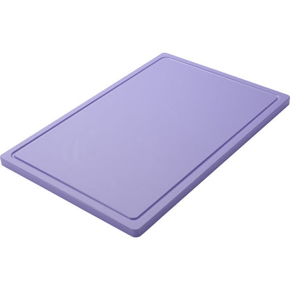 Zobrazená je obdĺžniková, fialová SCHNEIDEBRETT GROß (600x400x20mm) od Haug Bürsten KG z protišmykového PE s mierne vyvýšeným okrajom pred bielym pozadím.