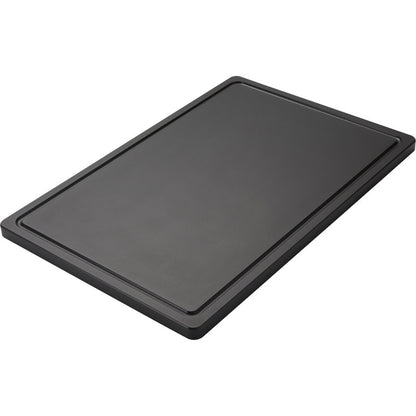 Das SCHNEIDEBRETT GROß od Haug Bürsten KG z polyetylénu (600x400x20mm), protišmyková a s obvodovou šťavovou drážkou, je zobrazená v obdĺžnikovej forme na bielom pozadí.