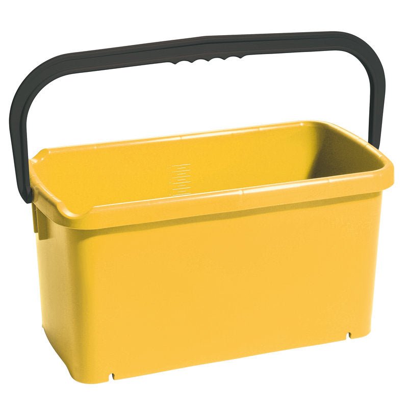 Štvorcové VEDRO od Haug Bürsten KG z polypropylénu (PP), kapacita 20L (480x235x230mm), vyniká v žltej farbe s čiernym, zakriveným držadlom, hladkým povrchom a vnútornými značkami pre jednoduché meranie.