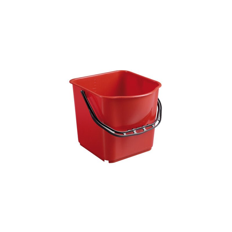 Zobrazený je Haug Bürsten KG VEDRO, PP, 15L s čiernym držiakom (340x335x285mm) pred bielym pozadím. Červené vedro má štvorcový tvar so zaoblenými hranami.