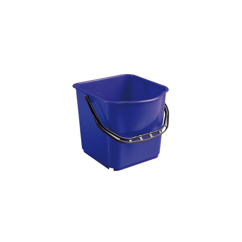 Haug Bürsten KG VEDRO, PP, 15L s čiernym držiakom (340x335x285mm) je zobrazené pred bielym pozadím. Obdĺžnikové modré vedro má zaoblené rohy a praktickú čiernu rukoväť na jednoduché prenášanie.
