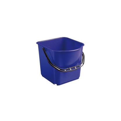 Haug Bürsten KG VEDRO, PP, 15L s čiernym držiakom (340x335x285mm) je zobrazené pred bielym pozadím. Obdĺžnikové modré vedro má zaoblené rohy a praktickú čiernu rukoväť na jednoduché prenášanie.