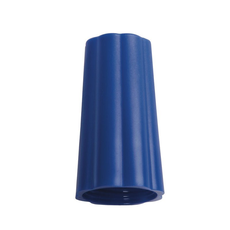 Modrý plastový konektor s rebrovaným, kužeľovitým tvarom a dutým dnom, podobný Haug Bürsten KG MATICA NA ZÁVIT VONKAJŠÍ-ø 25MM MODRÁ(BENETTON) 74Xø 42MM.