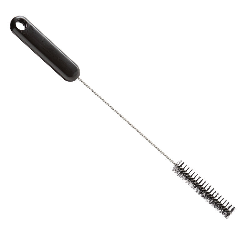 Haug Bürsten KG ROHRBÜRSTE, ø 0,35MM HART, 305Xø15X80MM má dlhý točený kovový držiak, čiernu plastovú rukoväť a pevné valcové štetiny - ideálne na čistenie potrubí a odstraňovanie odolnej špiny.