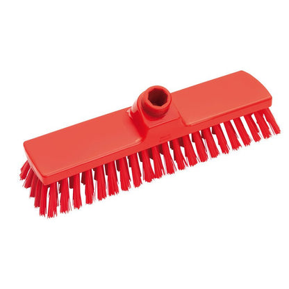 Červená obdĺžniková hlava kefy Haug Bürsten KG (Haug metla, PBT, ø 0,50MM stredná, 300x70x40mm) s tvrdými štetinami a centrálnym upevnením rukoväte, zobrazená pred bielym pozadím.