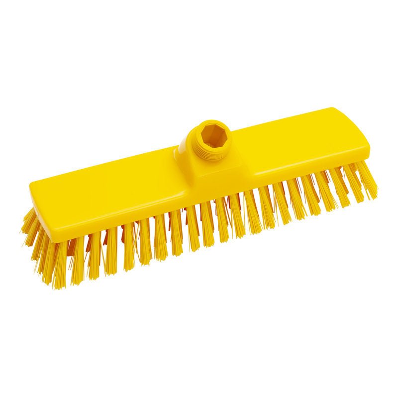 Metly od Haug Bürsten KG majú tuhé 0,50 mm PBT štetiny, žltú hlavu s rozmermi 300 x 70 x 40 mm a naklonený spoj pre pripevnenie násady - ideálne pre ťažké čistiace úlohy.