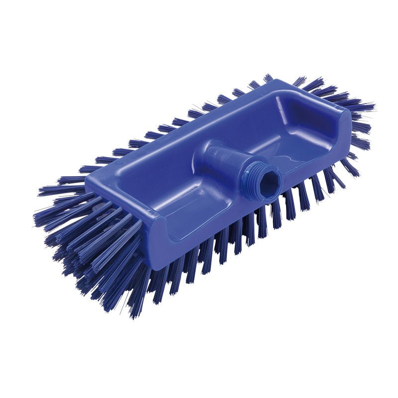 ECKENSCHRUBBER Ø0,50MM STREDNÝ od Haug Bürsten KG (320x125x40-50mm) z modrého plastu s pevnými štetinami na stranách a spodnej strane čistí ťažko dostupné rohy a má závitový otvor pre násadu.