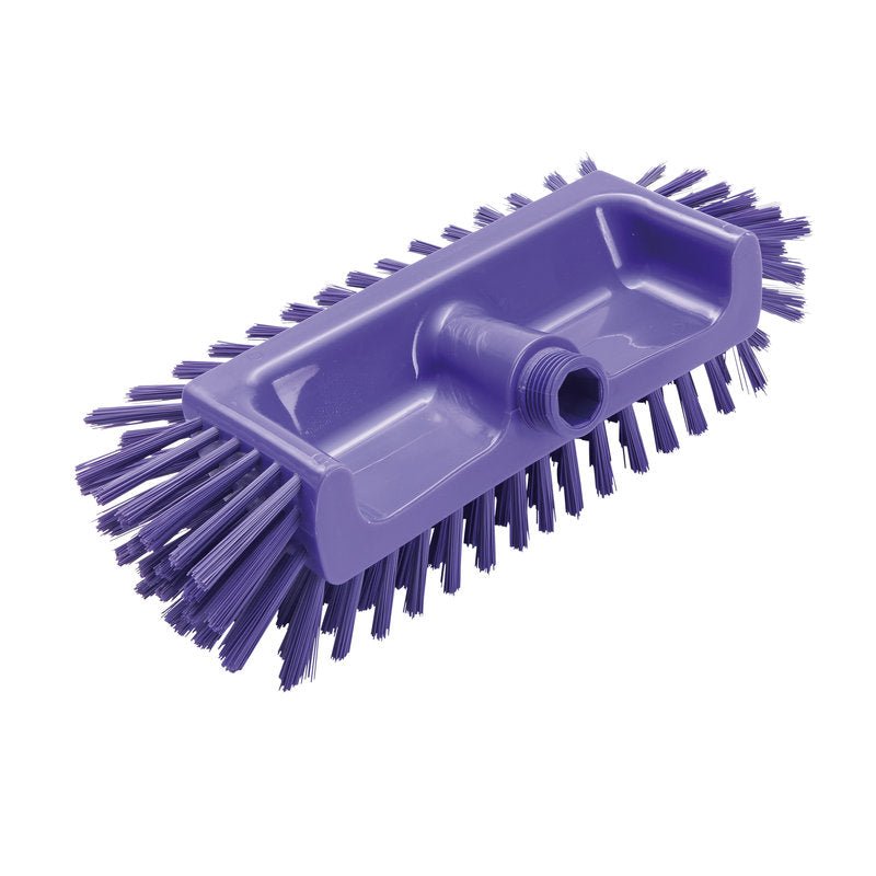 ECKENSCHRUBBER Ø0,50MM STREDNÝ od Haug Bürsten KG (320x125x40-50mm) je fialový hranatý škrabák s pevnými okrajovými štetinami a centrálnym závitovým otvorom - ideálny na čistenie ťažko dostupných rohov. Fotografia na bielom pozadí.