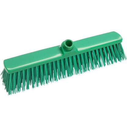 Veľkoplošná metla, HART 400×60×65 m od Haug Bürsten KG má tuhé, rovné štetiny a otvor uprostred rúčky. Je vyobrazený v zelenej farbe na bielom pozadí a je ideálny na zametanie veľkých plôch.