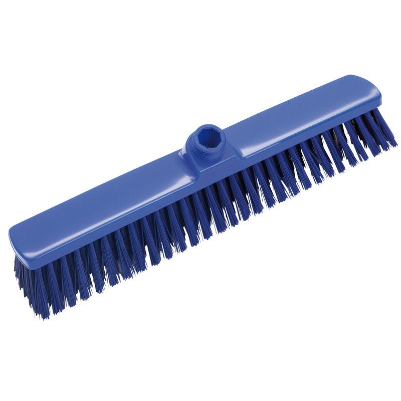 GROßRAUMBESEN 400x60x50mm od Haug Bürsten KG je modrá hlava metly so stuhými štetinami a centrálnym nástavcom, ideálny na čistenie veľkých plôch. Obdĺžniková metla je zobrazená na bielom pozadí.