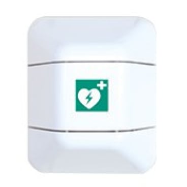 Novocal help Defibrillator-skriňa z plastu od Novocal je biela, na stenu montovaná defibrillator-skriňa so zeleným srdcom, bleskom a plusovým znakom, ktorý poukazuje na uloženie defibrillatora.