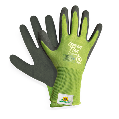 Ein Paar nachhaltige KIXX Handschuh Green Flex von Neudorff Shop in grün und schwarz, mit einem Sonnen- und Pflanzenlogo am Handgelenk, dargestellt auf weißem Hintergrund.