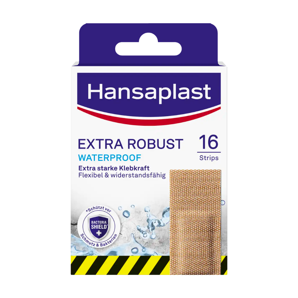 Jedna škatuľka Hansaplast Extra Robust Waterproof náplastí od Beiersdorf AG s 16 textilnými náplasťami. Balenie zdôrazňuje silnú lepiacu schopnosť, flexibilitu a odolnosť náplastí s technológiou Hi-DRY TEX-Techn