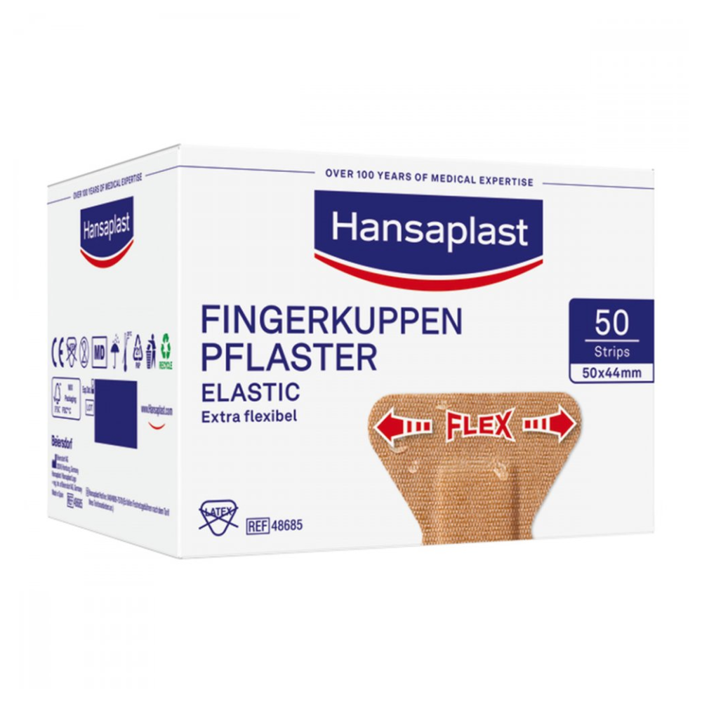 Jedna škatuľa Beiersdorf AG Hansaplast Elastic Fingerkuppenpflaster 5 x 4,4 cm – 50 kusov | Balenie (50 kusov) flexibilných náplastí, ktoré boli vyvinuté pre končeky prstov. Balenie je biele a modré, obsahuje 50 pásikov a nesie logo Hansaplast.