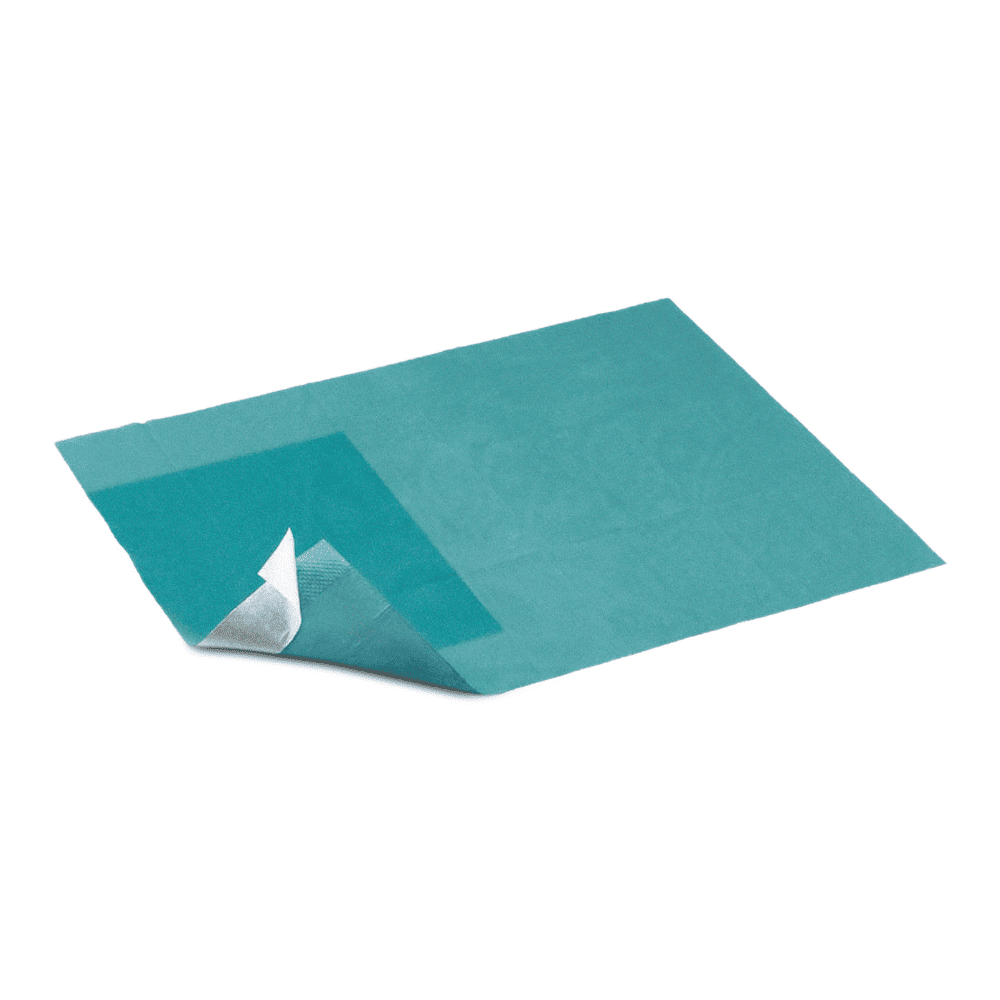 Jedna sterilná samolepiaca krycia plachta Hartmann Foliodrape® 50x50 cm od Paul Hartmann AG má odlepený roh, takže je viditeľná biela zadná strana. Krycia plachta je umiestnená na bielom pozadí. Balenie: 90 kusov.