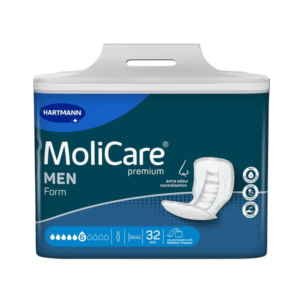 Balenie MoliCare Premium Form MEN vložiek, modro-biele, 6 kvapiek (32 kusov) od Paul Hartmann AG, zobrazené s produktovým obrázkom, symbolmi a textom, ktorý zdôrazňuje dodatočnú neutralizáciu zápachu a neutrálnu hodnotu pH pre mužov.