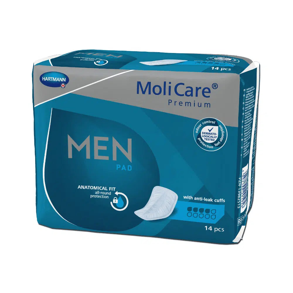 Balenie Hartmann MoliCare® Premium MEN PAD vložka - 14 kusov, obsahuje 14 kusov. Krabica je modrá a biela a zdôrazňuje anatomickú ochranu tvaru s proti úniku optimalizovanými manžetami pre močový mechúr.