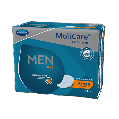 Balenie Hartmann MoliCare® Premium MEN PAD vložka, pozostávajúce z 14 kusov s anatomickou ochranou tvaru a proti úniku manžetami. Balenie je prevažne modré s textom a logami v oranžovej a bielej. Vyrobené spoločnosťou Paul Hartmann AG.