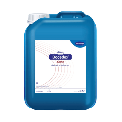 Modrý plastový kanister s nápisom „Hartmann Bodedex® forte čistič nástrojov“ od spoločnosti Paul Hartmann AG, s označením hladiny a viacjazyčnými popismi produktu.