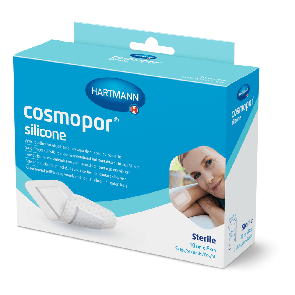 Hartmann Cosmopor® silikón, sterilný, jednotlivo zapečatený; v skladacích škatuliach s eurozávesom, 10 x 8 cm