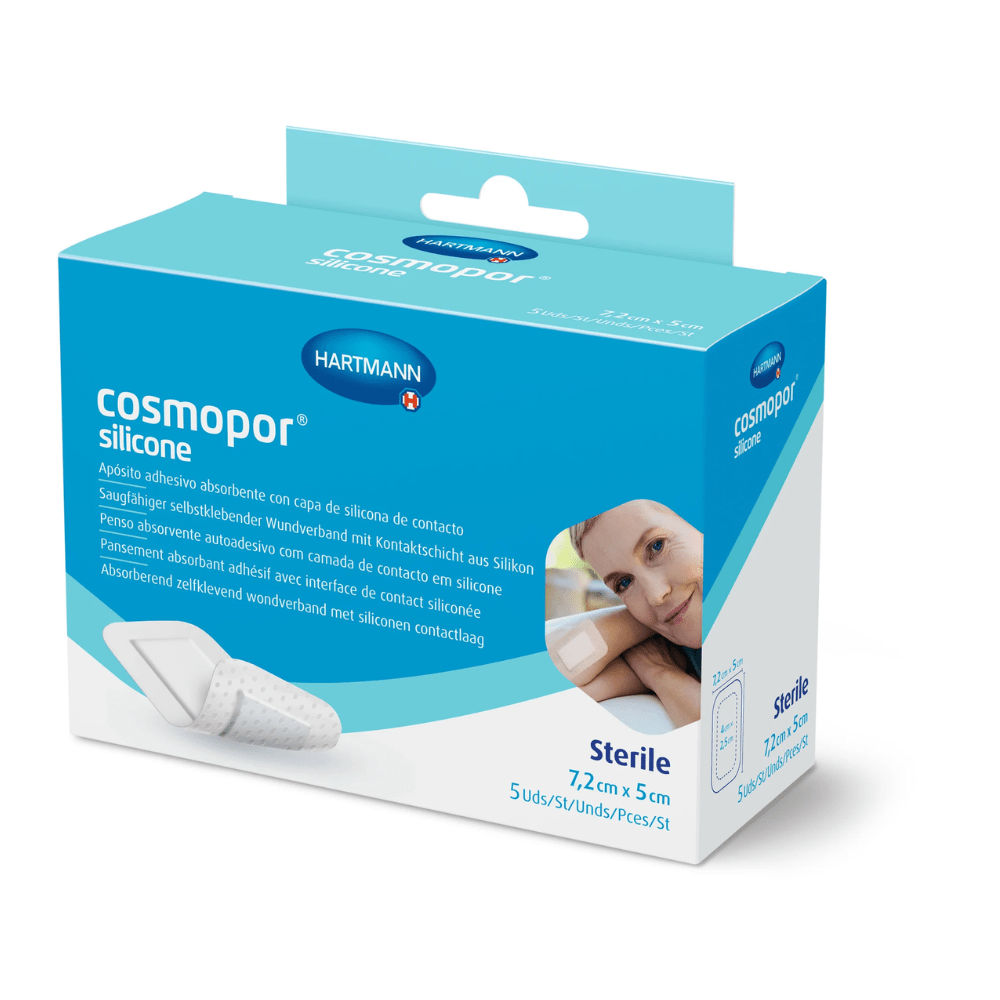 Hartmann Cosmopor® silikón, sterilný, jednotlivo zapečatený; v skladacích škatuliach s eurozávesom, 7,2 x 5 cm
