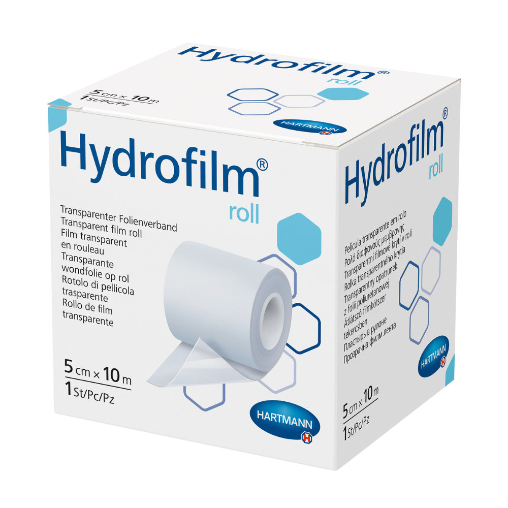 Krabica Hartmann Hydrofilm® rolky od Paul Hartmann AG, priehľadný obväz. Balenie je prevažne biele a svetlomodré a zobrazuje názov produktu, obrázky aplikácie a veľkosti.