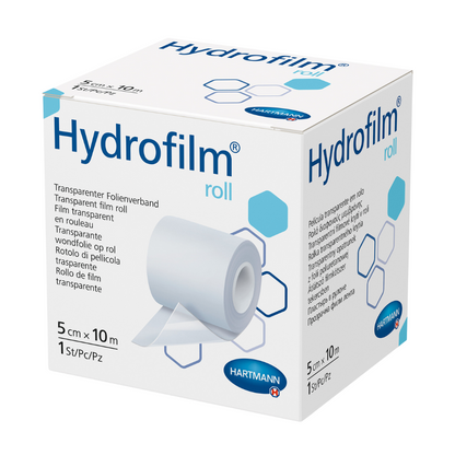 Krabica Hartmann Hydrofilm® rolky od Paul Hartmann AG, priehľadný obväz. Balenie je prevažne biele a svetlomodré a zobrazuje názov produktu, obrázky aplikácie a veľkosti.