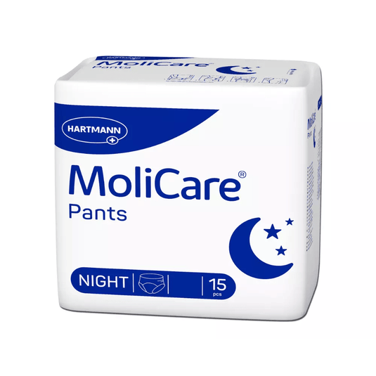 Inkontinenčné nohavičky Hartmann MoliCare Pants Night od spoločnosti Paul Hartmann AG sú dostupné v nenápadnom bielo-modrom obale s polmesiacmi a hviezdami a s výrazným nápisom „Night“. Sú určené na inkontinenciu moču, poskytujú diskrétnu ochranu a v jednom balení je 15 kusov.