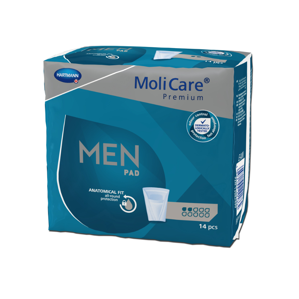 Modré balenie s Hartmann MoliCare® Premium MEN PAD vložka - 14 kusov, s anatomickým tvarom pre optimálnu ochranu. Na balení sú tiež viditeľné symboly, ktoré poukazujú na vlastnosti produktu.
