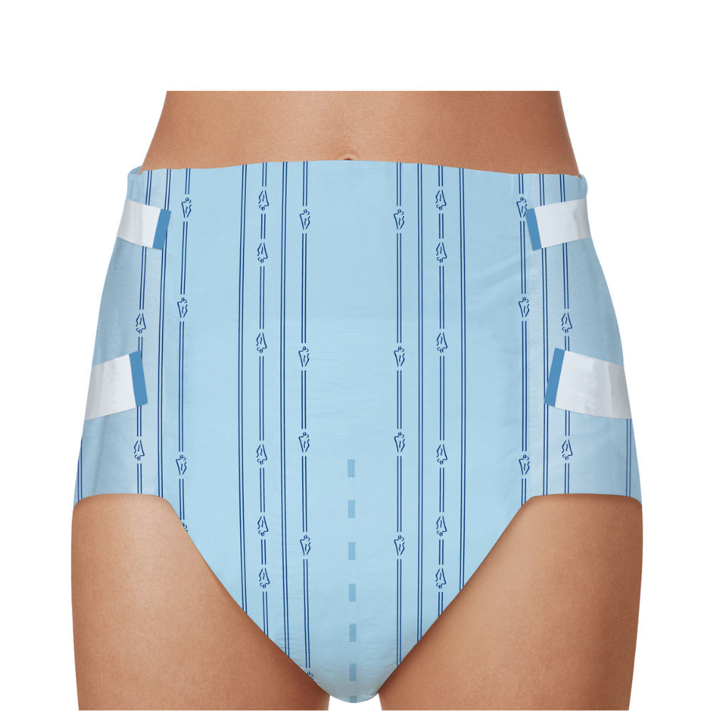 Svetlomodrá inkontinenčná bielizeň s prúžkovaným vzorom a malými symbolmi, ktoré sú zobrazené od pásu po stehná na bielom pozadí. Táto MoliCare® Slip maxi 9 kvapiek od Paul Hartmann AG poskytuje veľmi vysokú ochranu.