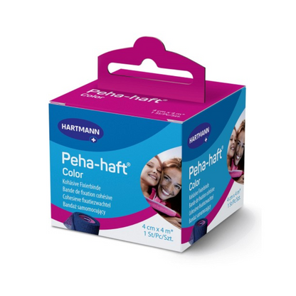 Balenie produktu 'Hartmann Peha-haft Color elastický fixačný obväz, modrý', s obrázkami usmievajúcich sa osôb na stranách. Krabica je ružová a modrá, čo znamená 4 cm x 4 m, od Paul Hartmann AG.