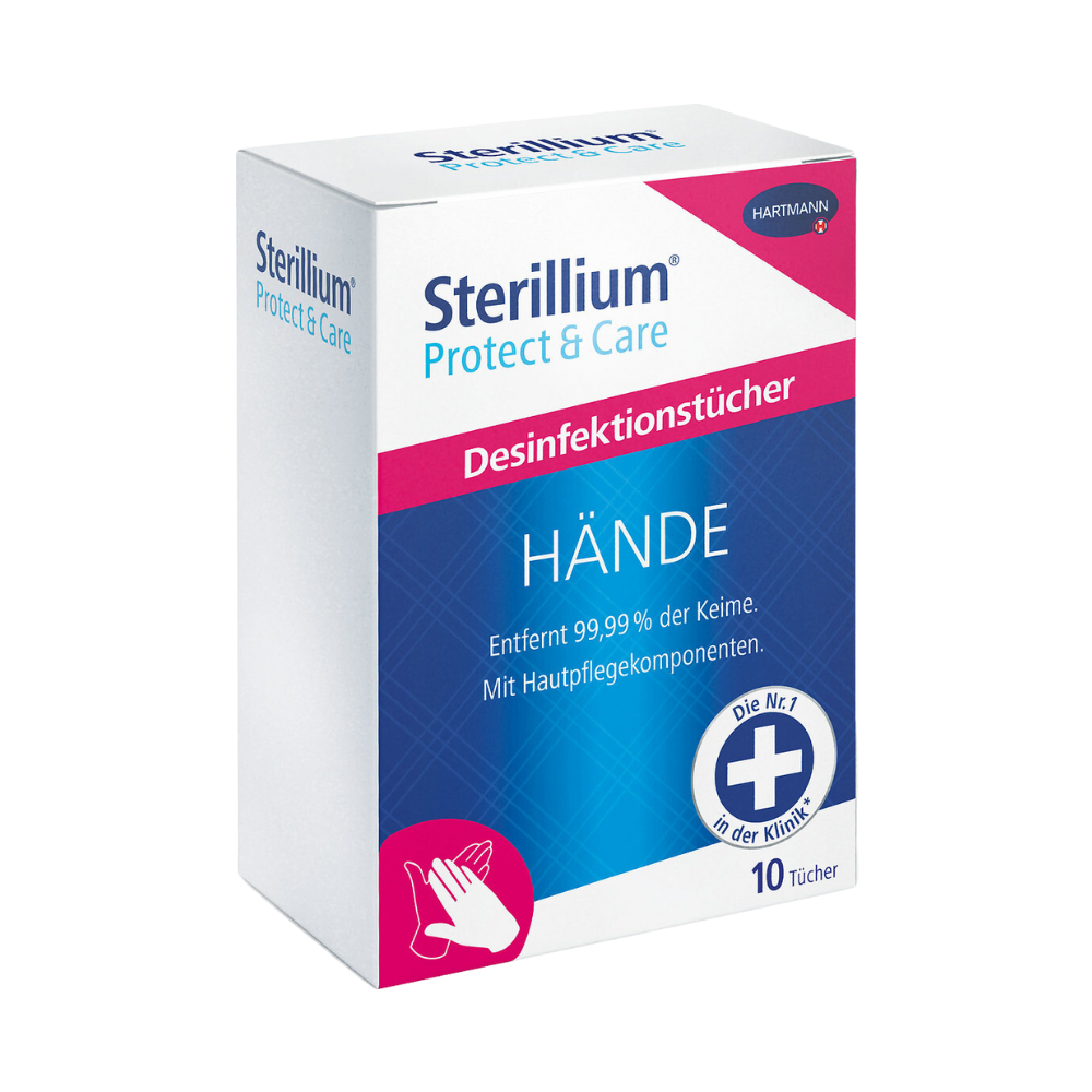 Pravouhlá škatuľka Hartmann Sterillium® Protect & Care dezinfekčné obrúsky na ruky (10 obrúskov) od Paul Hartmann AG v modrej, ružovej a bielej farbe s nemeckým textom; odstraňuje baktérie a poskytuje testovanú znášanlivosť s pokožkou.
