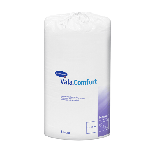 Zapečatená biela rolka prikrývok Hartmann Vala®Comfort od spoločnosti Paul Hartmann AG, vyobrazená na bielom pozadí. Na etikete sú uvedené podrobnosti o produkte a rozmery (155 x 210 cm).