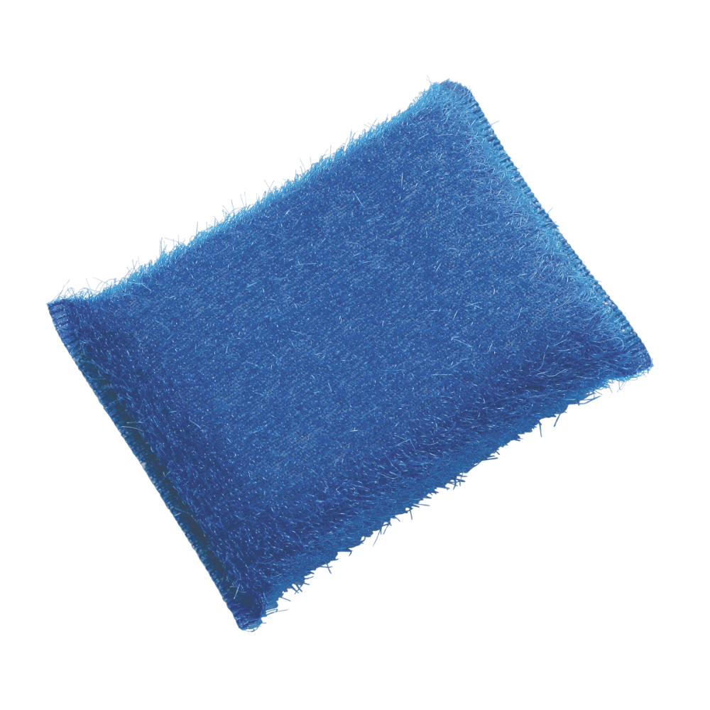 Veľká obdĺžniková modrá abrazívna hubka Haug na drhnutie, PP tvrdá 150x100x40 mm, navrhnutá spoločnosťou Haug Bürsten KG, so štruktúrovaným povrchom, ktorý je ideálny na čistenie silne znečistených povrchov, je vystavená na bielom pozadí.