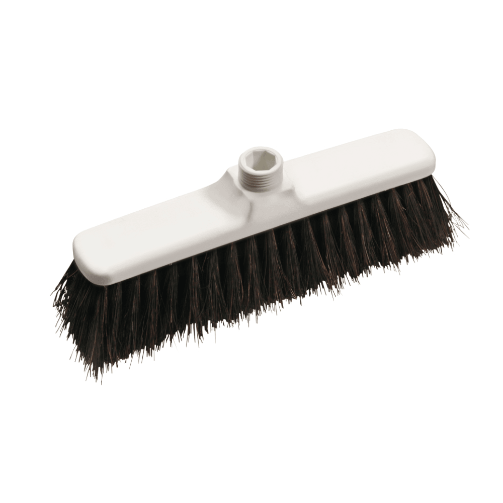 Hlavica metly Haug Bürsten KG v obdĺžnikovom tvare s rozmermi 400 x 60 mm, s hustým osadením z arenga štetín a so základňou z bieleho plastu, ktorá je vybavená závitovým otvorom na upevnenie násady.