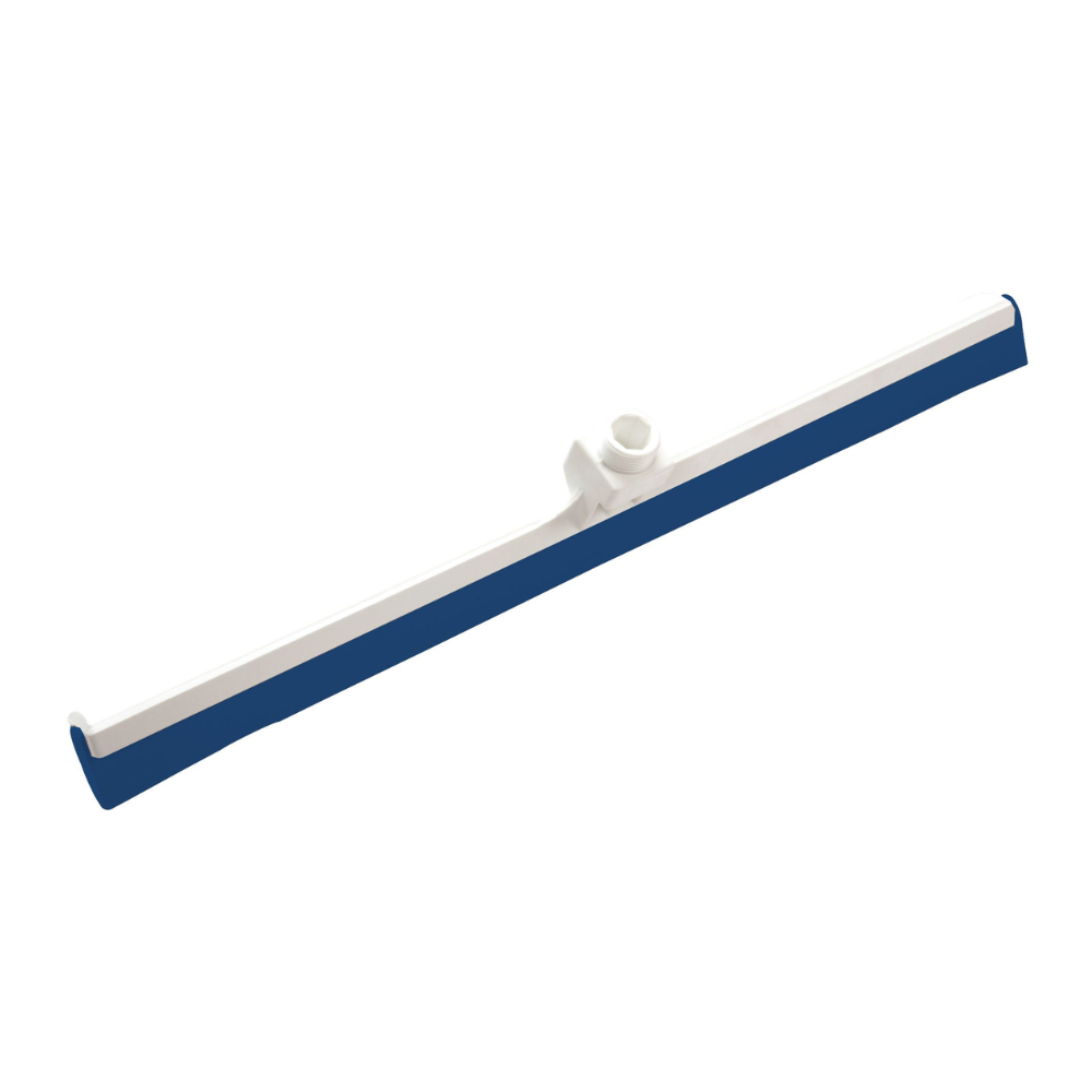 Wir präsentieren den Haug Wasserschieber 2-Lippig Lebensmittelgummi, hergestellt von Haug Bürsten KG. Dieser weiß-blaue Bodenabzieher mit zentralem Aufsatz für einfache Handhabung ist aus Lebensmittelgummi gefertigt und entspricht den HACCP-Hygienestandards. Er ist perfekt für die Aufrechterhaltung der Sauberkeit und wird vor einem schlichten weißen Hintergrund präsentiert.