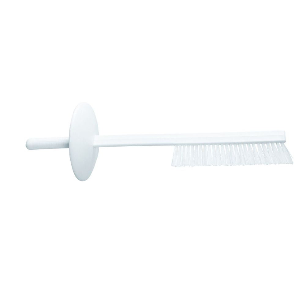 Haug Kutterkefa s ochranným štítom od Haug Bürsten KG s okrúhlou rukoväťou a dlhými štetinami je zobrazená na bielom pozadí. Jej okrúhly ochranný štít v blízkosti rukoväte poskytuje dodatočnú ochranu.