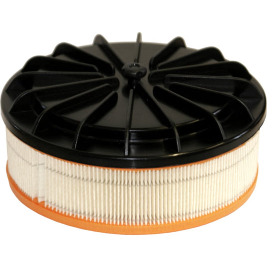 Náhradný HEPA filter Arcora M5Plus od spoločnosti Arcora International GmbH je okrúhly filter s oranžovým dnom, bielym plisovaným HEPA materiálom a čiernym vekom s radiálnymi výstužnými rebrami.