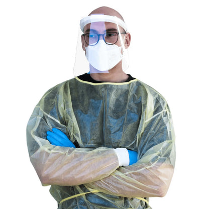 Žltý ochranný plášť pre návštevníkov a personál