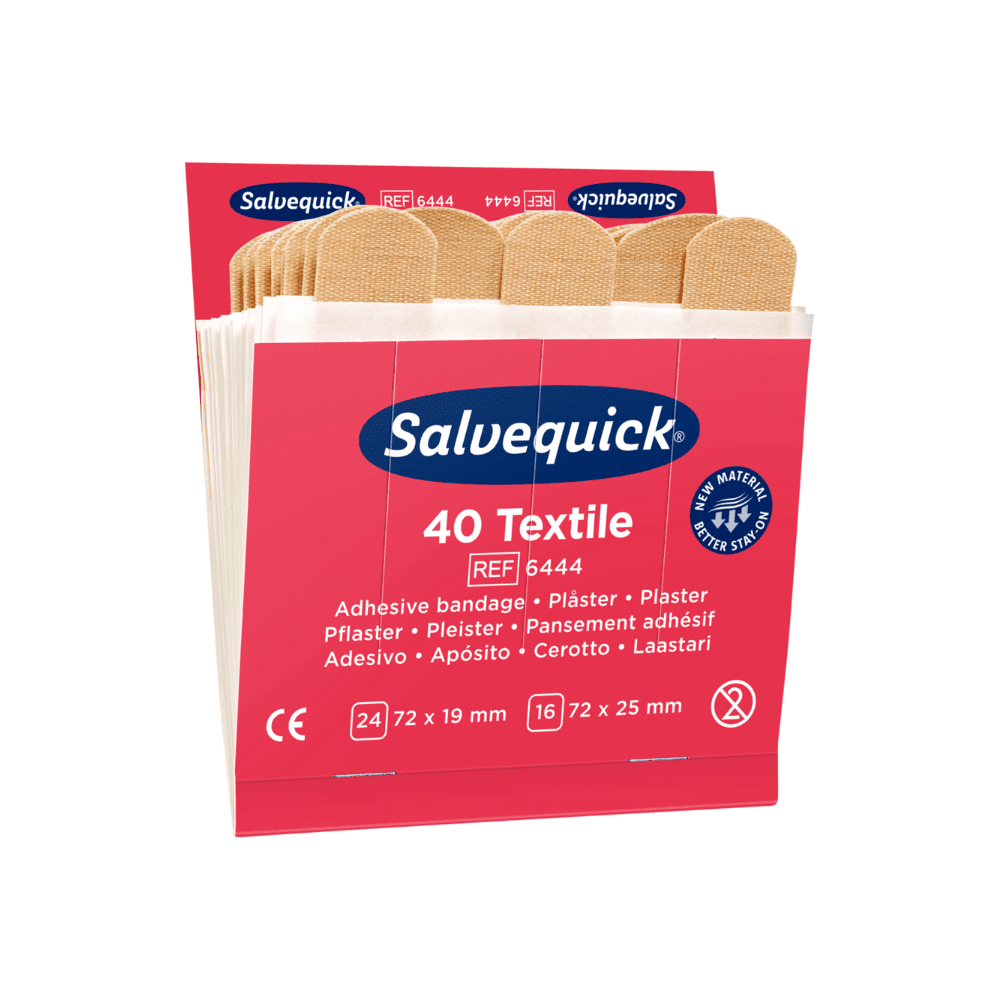 Jedna škatuľka Holthaus Medical Salvequick® náhradné textilné náplasti od Holthaus Medical GmbH & Co. KG, referenčné číslo 6444, obsahuje 40 elastických náplastí v rôznych veľkostiach: 24 kusov à 72 x 19 mm a 16 kusov à 72 x 25 mm. Červeno-biela značková škatuľka je ideálna pre každý dávkovač náplastí.