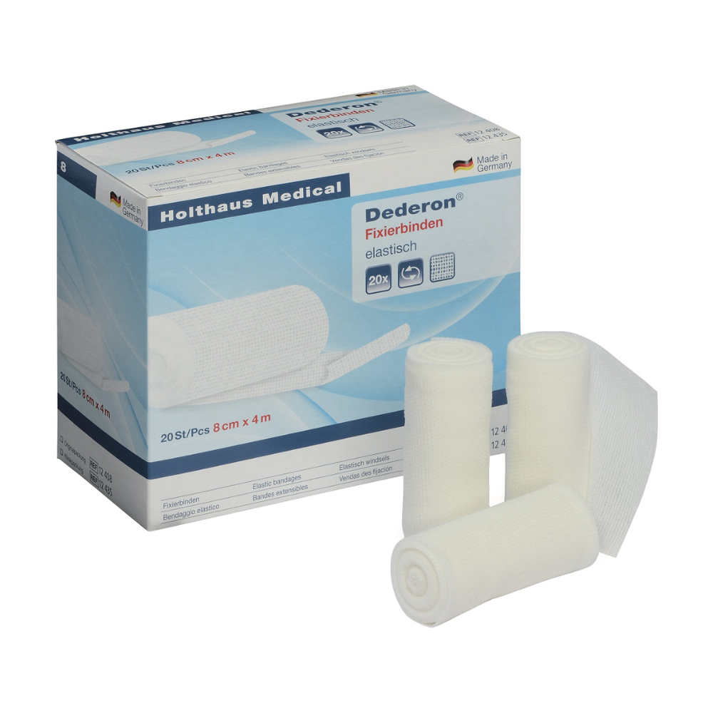 Obrázok zobrazuje škatuľu Holthaus Dederon® fixačného obväzu od Holthaus Medical GmbH & Co. KG. Škatuľa obsahuje obrázok obväzov a podrobnosti o tomto medicínskom produkte, vrátane toho, že obsahuje 20 kusov s rozmermi 8 cm x 4 m. Pred škatuľou sú zobrazené tri zvinuté obväzy.